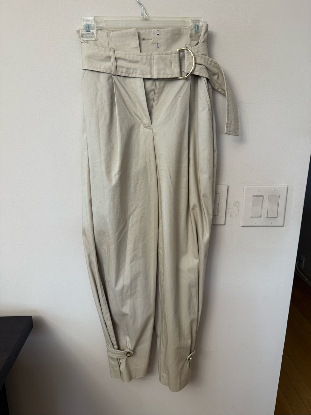 Express High-Waist Paperbag Trousers with D-Ring Belt - Cream